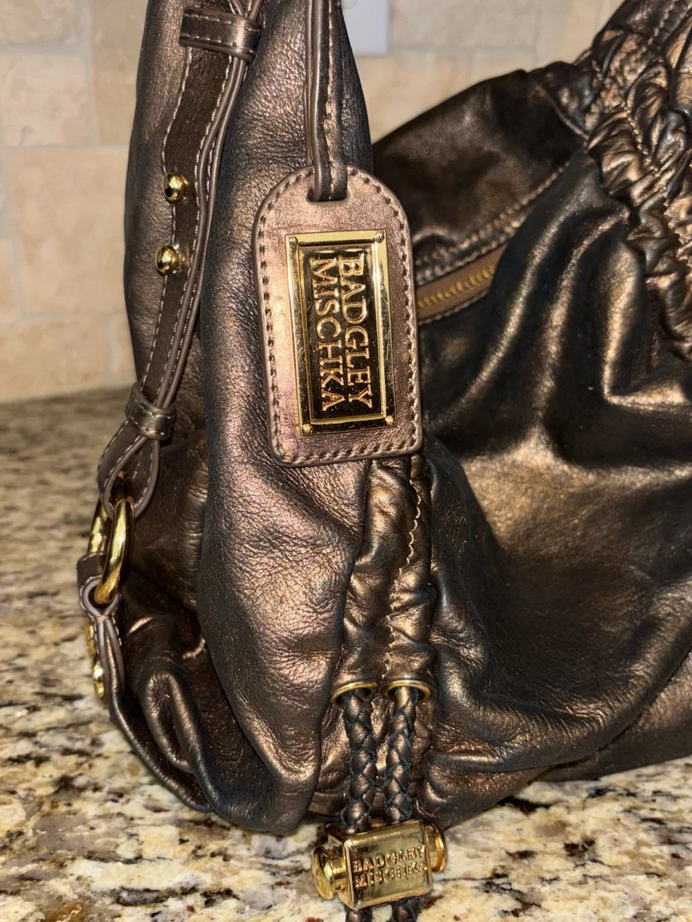 Y2K Vintage Badgley Mischka Leather Hobo Bag Gold